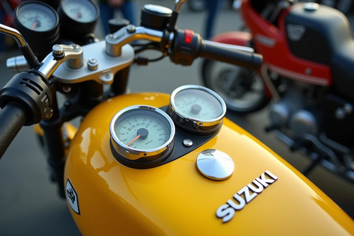 Détail du réservoir et tableau de bord de la Suzuki GT750 en jaune Optic, décalcomanies d'époque et compteurs chromés