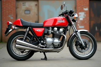 Suzuki GT750 rouge Candy Antares de profil, couleur d'origine des années 70 avec triple échappement chromé