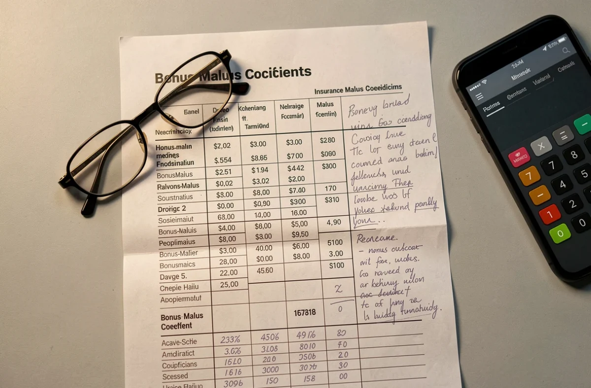 Tableau de coefficient d'assurance auto avec notes manuscrites et calculatrice sur un bureau