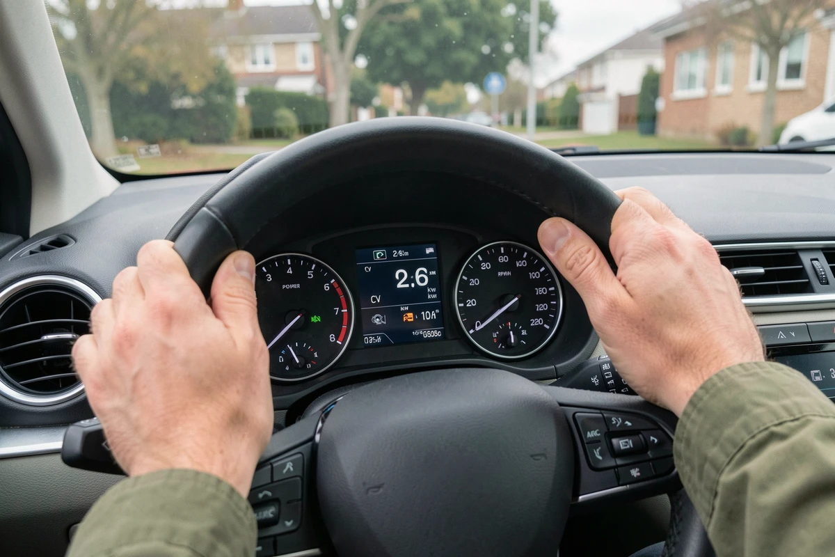 Tableau de bord d'une voiture moderne affichant la puissance en CV et kW avec les mains du conducteur sur le volant