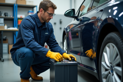 Technicien contrôlant une batterie de voiture électrique en atelier