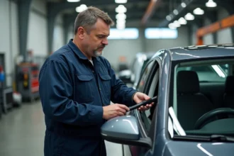 Technicien en uniforme installant un essuie-glace sur une voiture