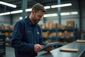 Technicien automobile commandant des pièces auto sur tablette dans un garage professionnel organisé