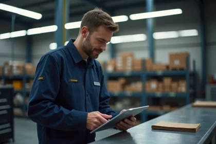 Technicien automobile commandant des pièces auto sur tablette dans un garage professionnel organisé