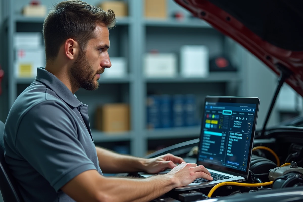 Technicien automobile analysant les codes défauts de la vanne EGR sur un outil de diagnostic OBD2