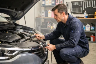 Technicien automobile connectant un scanner OBD2 sur une Renault pour diagnostiquer le code défaut DTC253F29