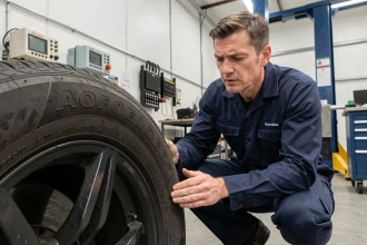 Technicien de contrôle technique inspectant les marquages d'indice de vitesse sur le flanc d'un pneu de voiture en garage