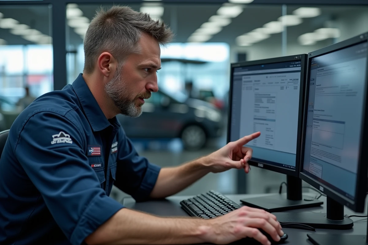 Technicien de service après-vente paramétrant les options de recherche dans le logiciel Dialogys depuis le comptoir d'accueil d'un atelier automobile
