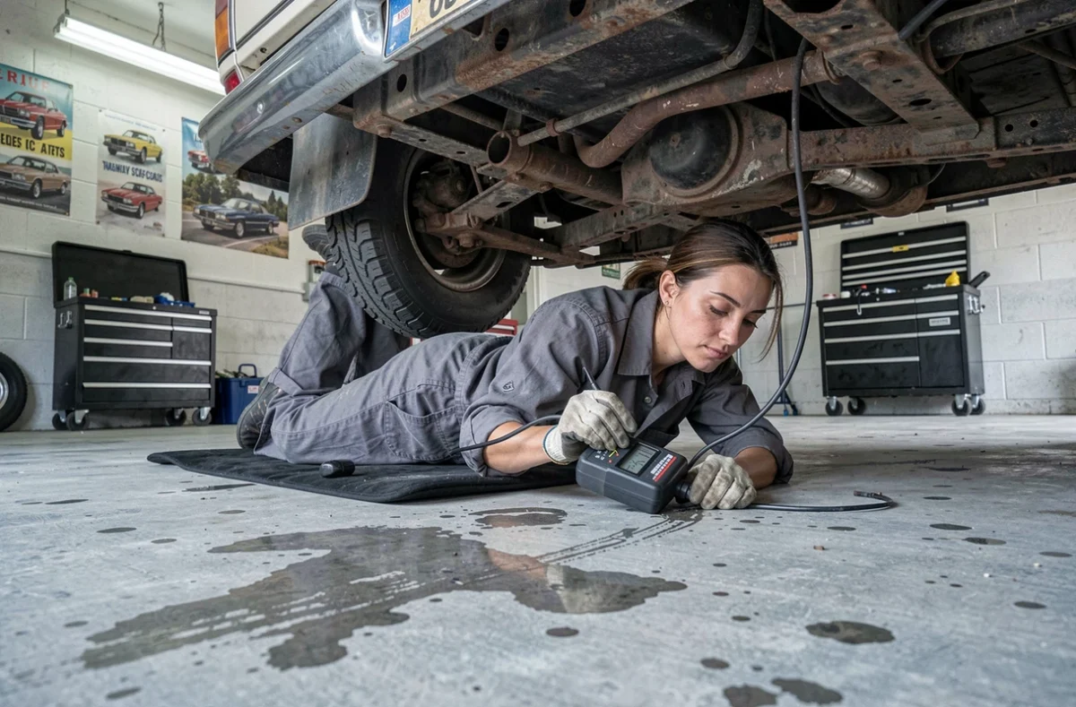 Technicienne automobile testant le capteur ABS sous le châssis d'un vieux pick-up avec un ohmmètre analogique