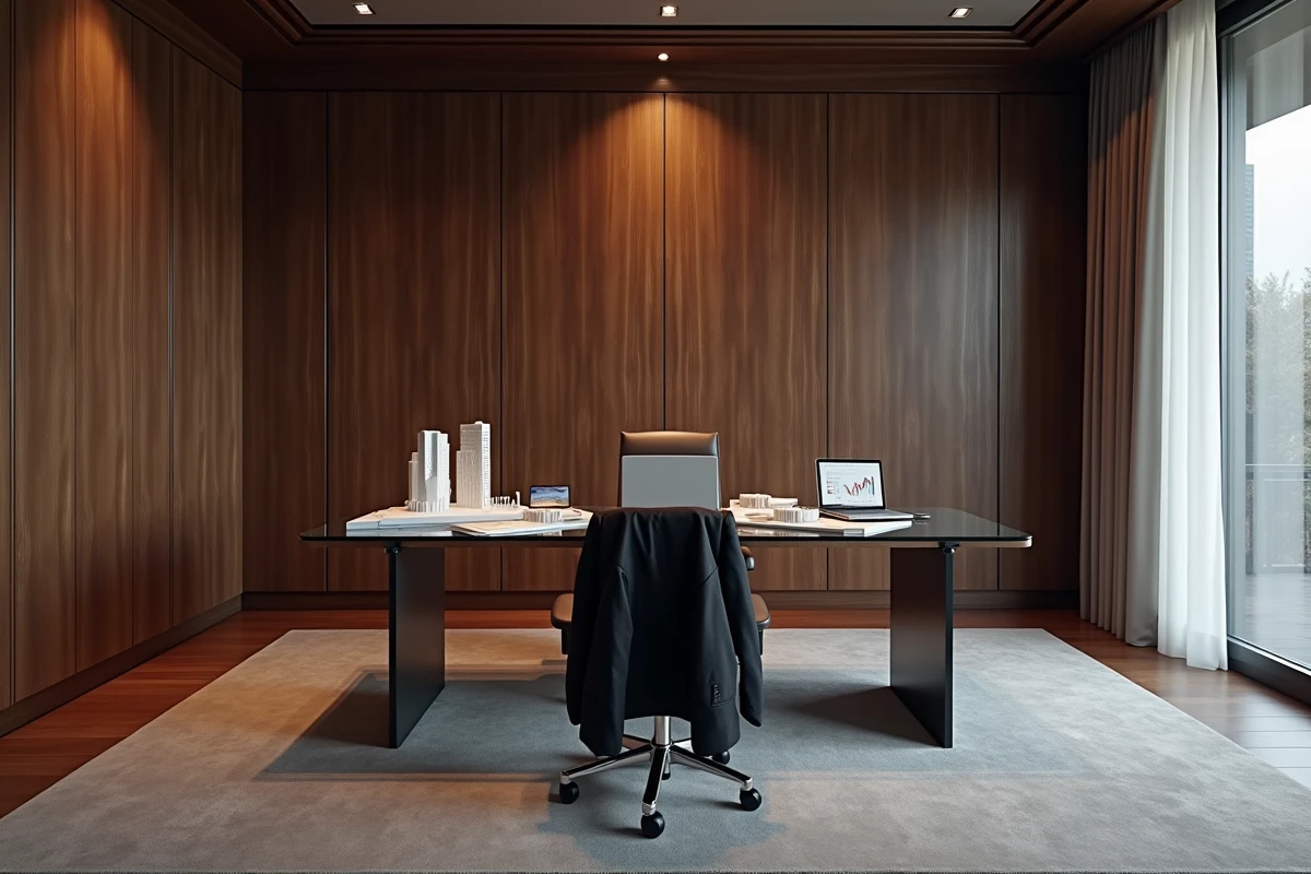 Bureau d'un empire commercial lié à la boiserie de luxe avec panneaux en bois de noyer et documents financiers