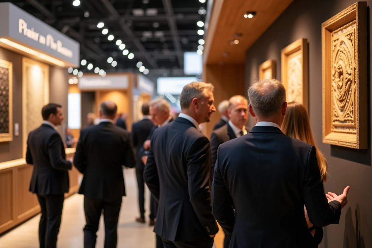 Événement professionnel de réseautage et sponsors autour d'une exposition de boiserie artisanale haut de gamme