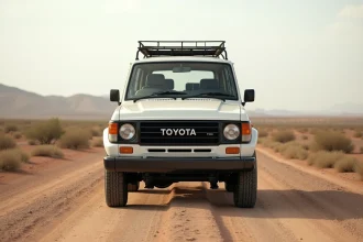 Toyota Land Cruiser 100 HDJ en blanc nacré sur une piste de gravier aride, vue 3/4 avant grand angle mettant en valeur sa robustesse et ses pneus tout-terrain