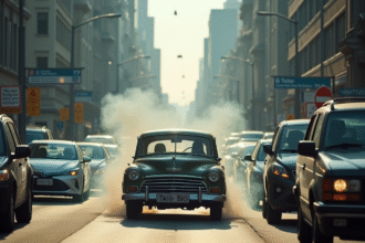 Voiture diesel ancienne fumante dans un embouteillage urbain