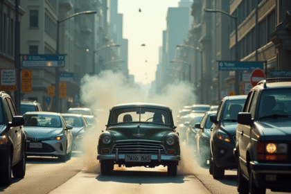 Voiture diesel ancienne fumante dans un embouteillage urbain