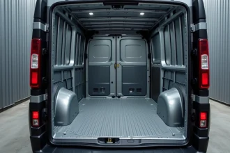 Espace de chargement intérieur d'un Renault Trafic L1H1 vu depuis les portes arrières ouvertes, montrant les dimensions utilitaires de la soute