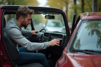 Homme vérifiant le code radio sur le tableau de bord d'une Renault Clio 3 d'occasion