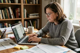 Femme consultant l'historique d'une voiture ancienne sur un ordinateur portable avec des documents imprimés sur son bureau à domicile