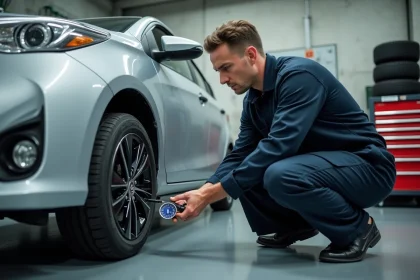 Technicien automobile vérifiant la pression des pneus d'une Toyota Yaris Hybride avec un manomètre numérique dans un garage professionnel