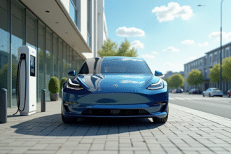 Voiture électrique garée à une borne de recharge moderne en ville