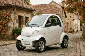 Voiture sans permis blanche d'occasion garée dans une rue pavée d'un village de Bourgogne