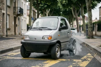 Voiture sans permis garée au bord d'une rue résidentielle française, illustrant la thématique du Code de la route pour les VSP