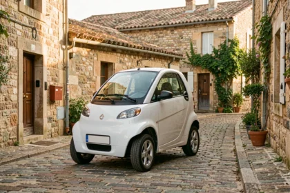 Voiture sans permis blanche garée dans une rue pavée d'un village en Drôme-Ardèche