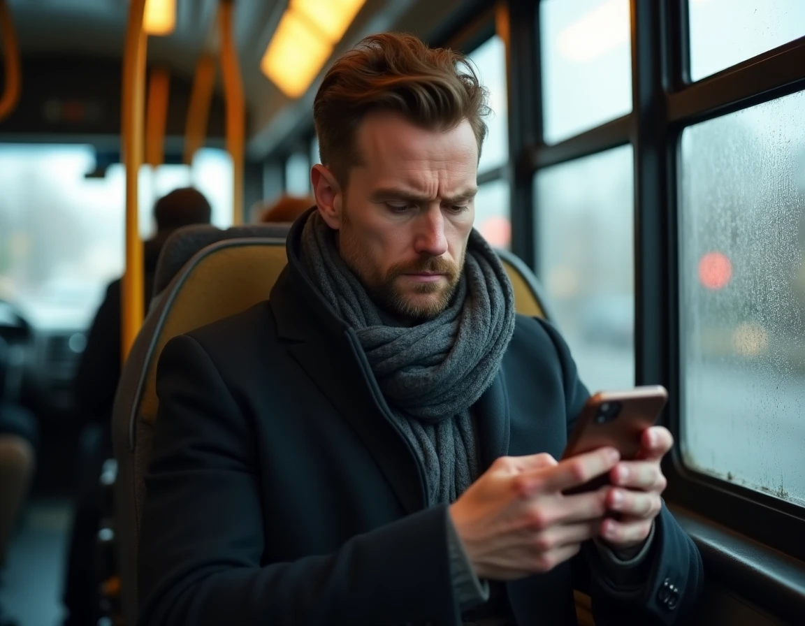 Voyageur stressé dans un bus de Rennes consulant son téléphone pendant des perturbations de transport liées à un accident