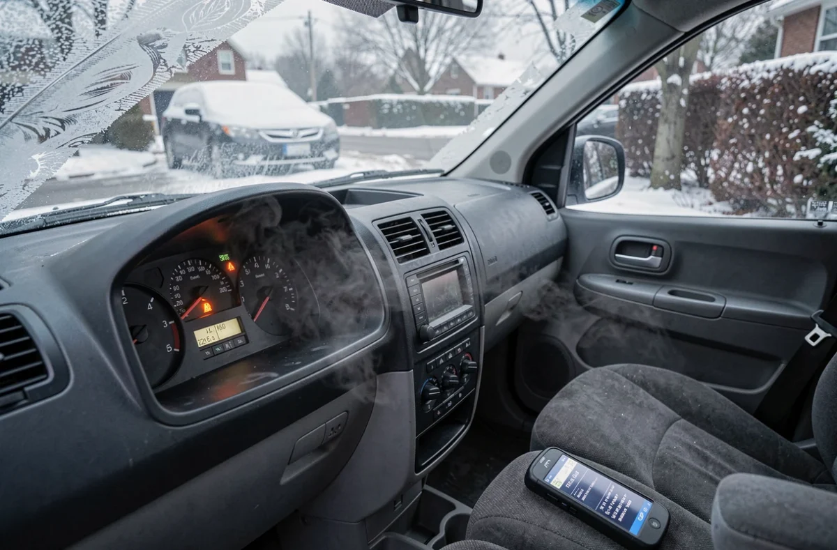 Tableau de bord d'un véhicule diesel avec le voyant moteur allumé et un lecteur de code défaut 1351 par temps hivernal