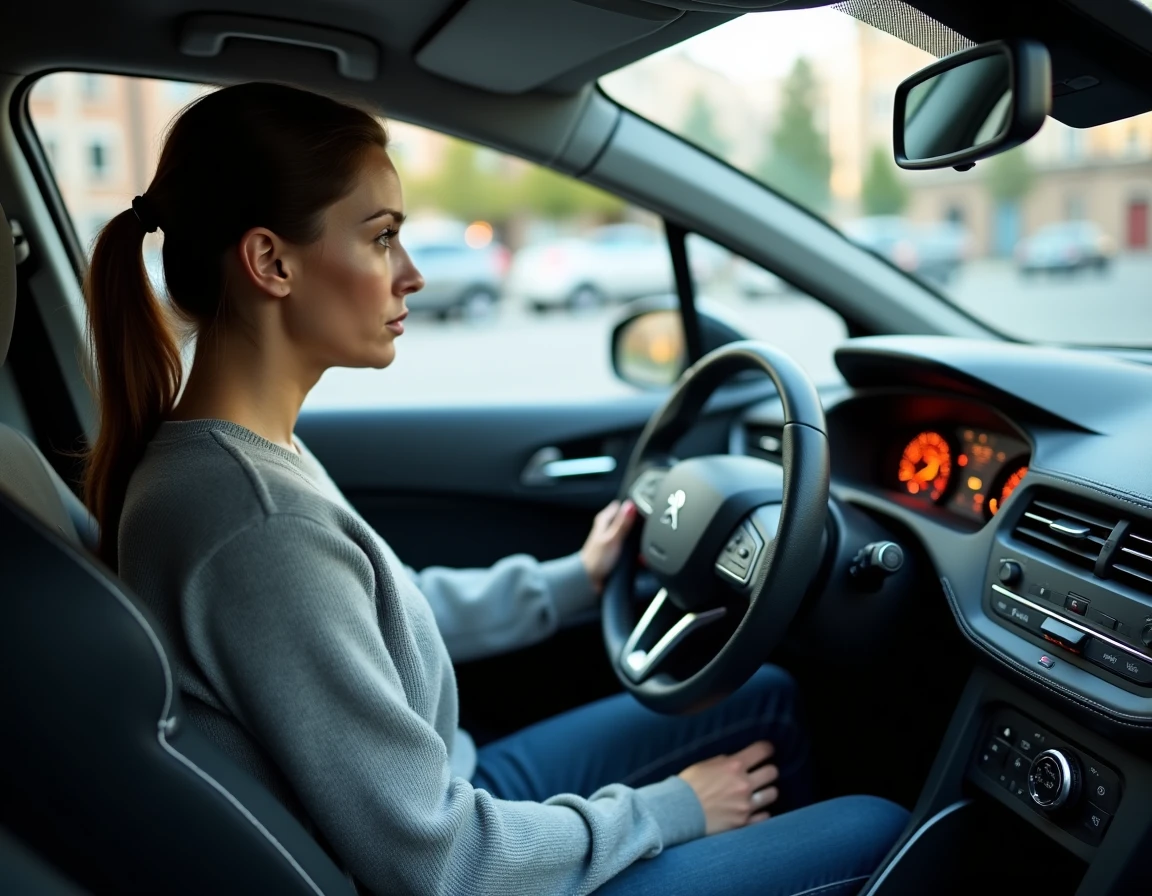 Femme au volant d'une Peugeot 3008 observant le voyant orange allumé sur le tableau de bord