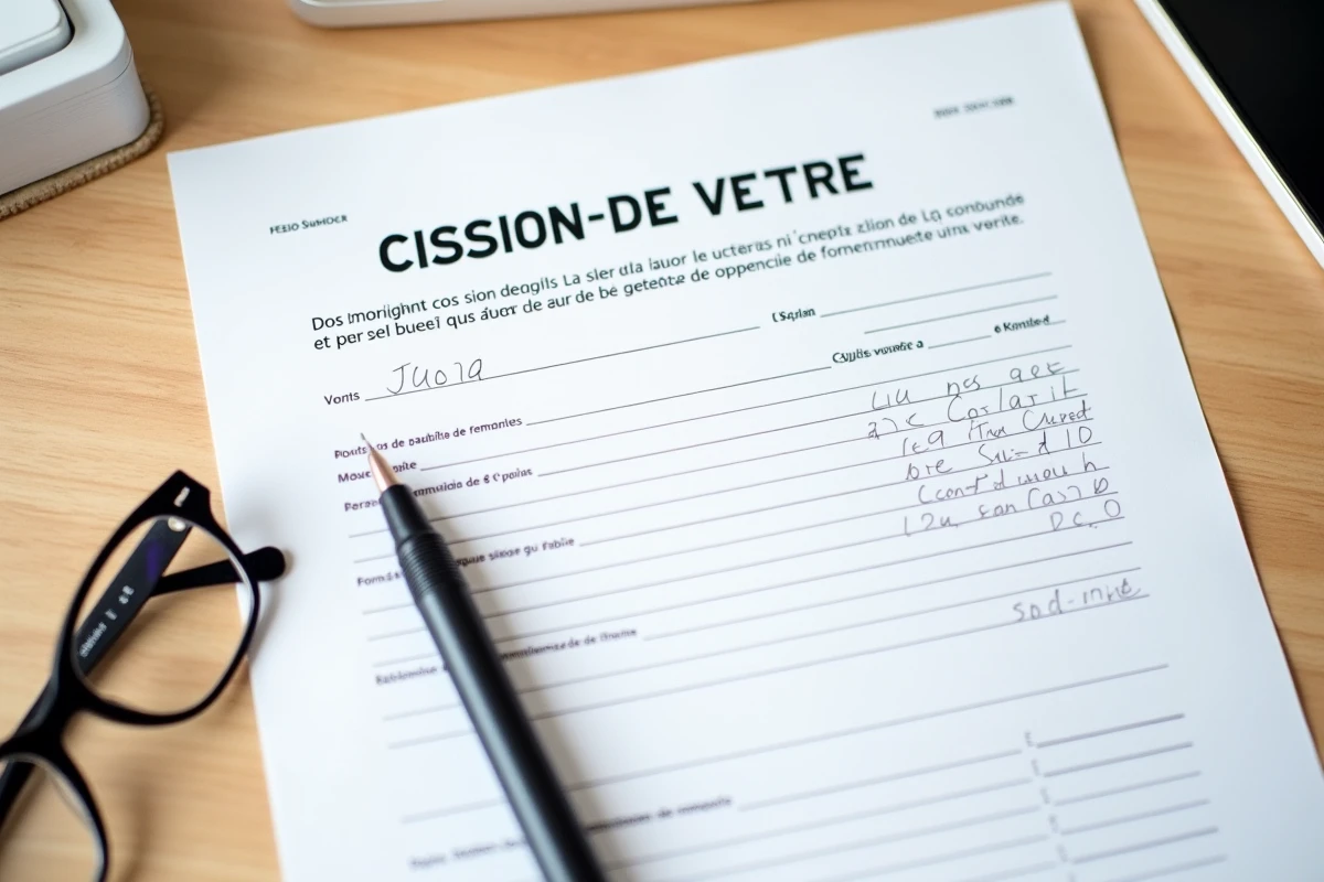 Vue de dessus d'un formulaire de cession de vente PDF imprimé rempli à la main avec un stylo et des lunettes sur une table en bois